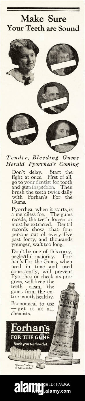 Werbung aus den 1920er Jahren. Anzeige vom 1923, die für die Zahnpasta von Forhan für Zahnfleisch wirbt Stockfoto