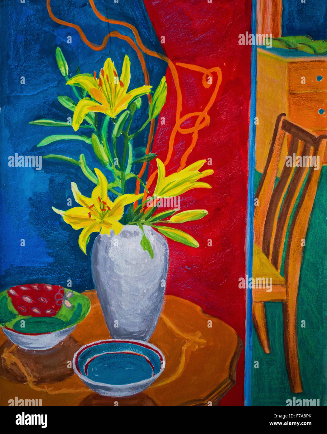 Bild von einem Raum in einen anderen suchen. Gouache-Malerei. Lilie Blumen auf einem Beistelltisch. Vertikal Stockfoto