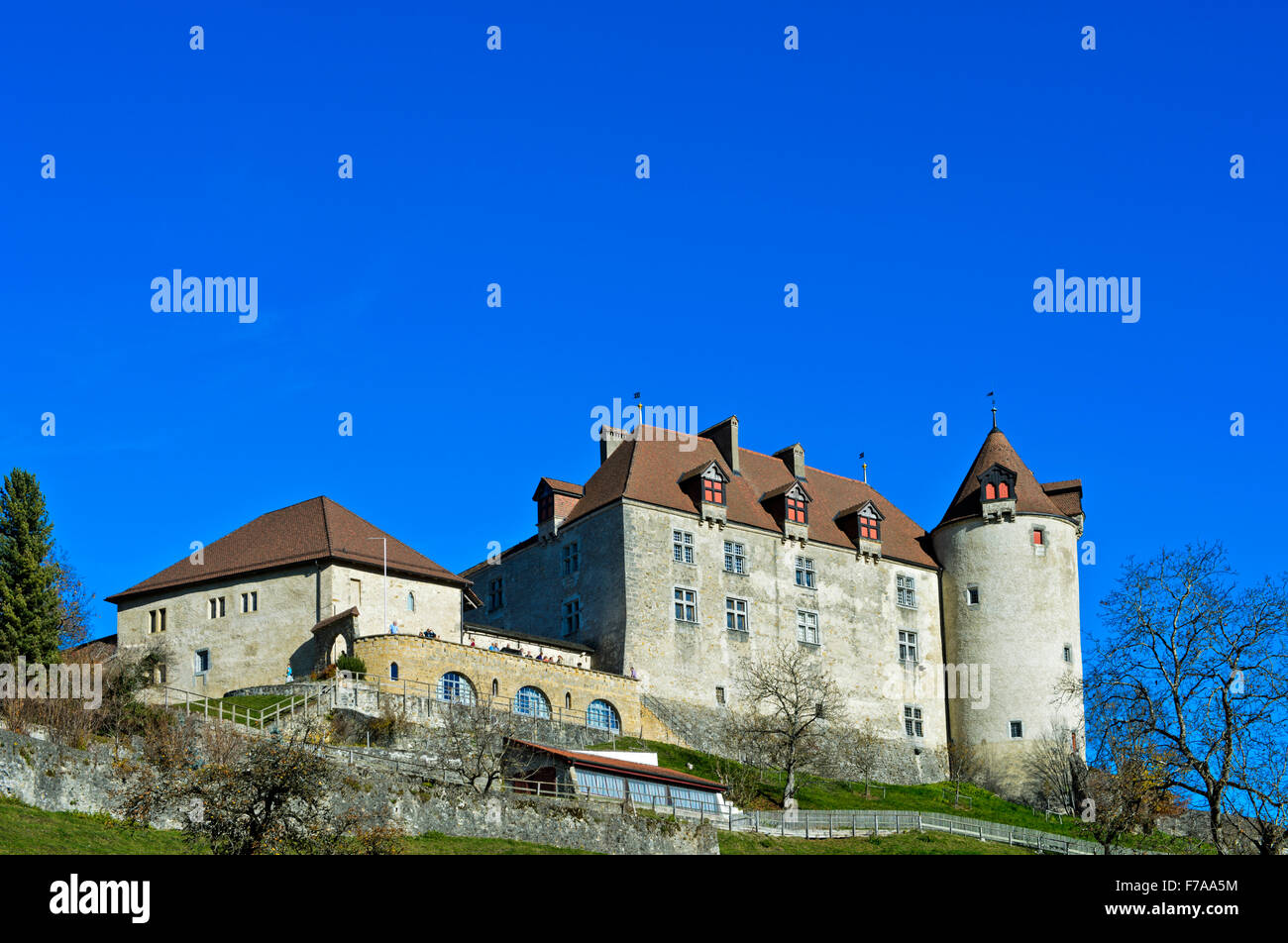 Schloss Gruyères, Château de Gruyères, Gruyères, Kanton Freiburg, Schweiz Stockfoto
