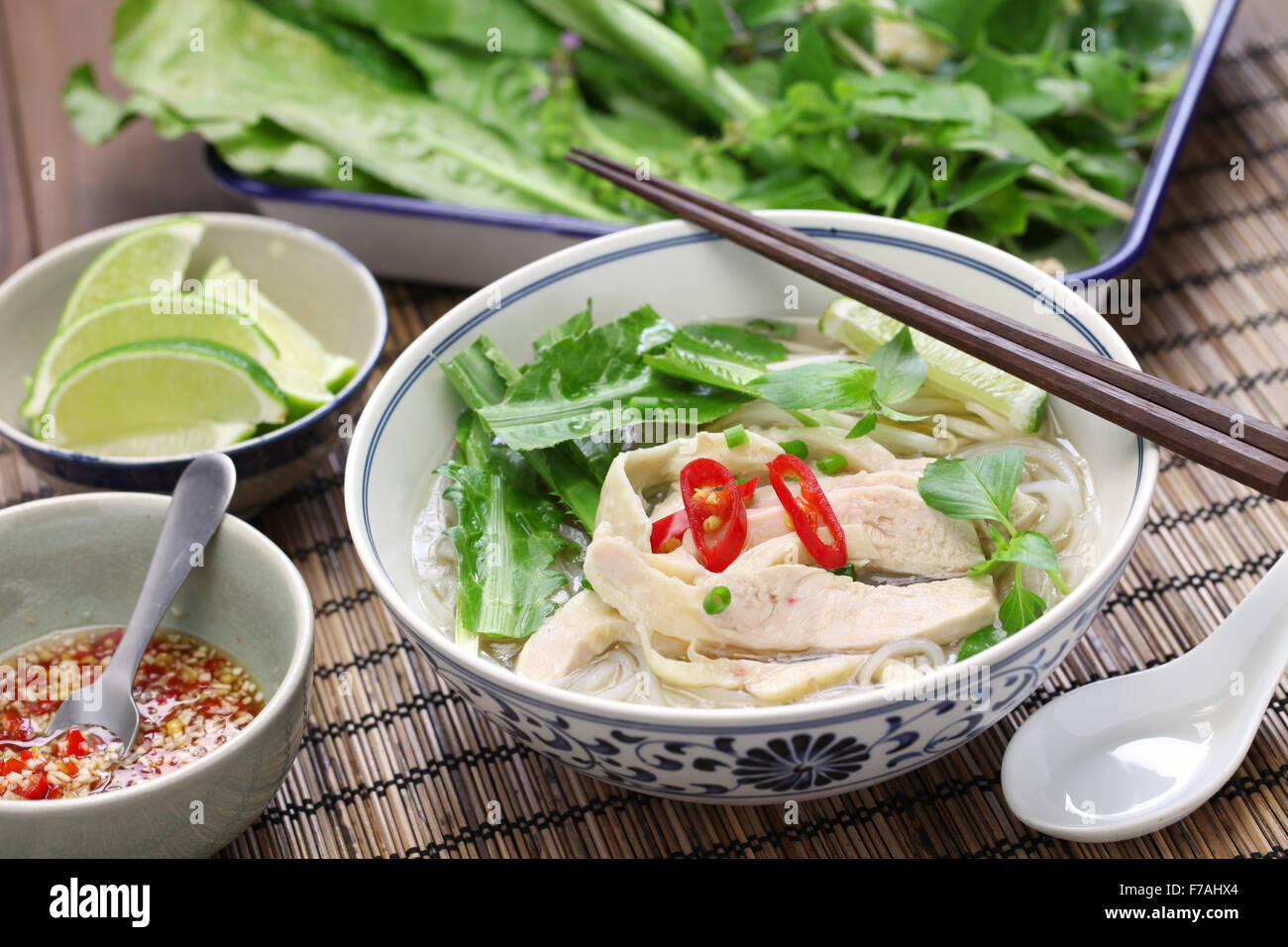 Pho Ga, vietnamesische Reis Nudel Hühnersuppe, vietnamesisches Essen Stockfoto