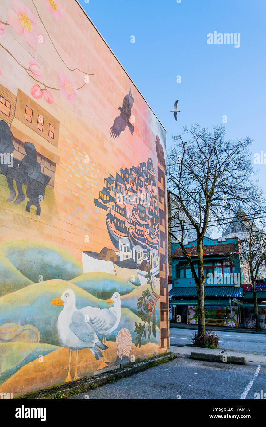 Feiern Gemeinschaft Wandbild und Möwe, DTES, Vancouver, Britisch-Kolumbien, Kanada Stockfoto