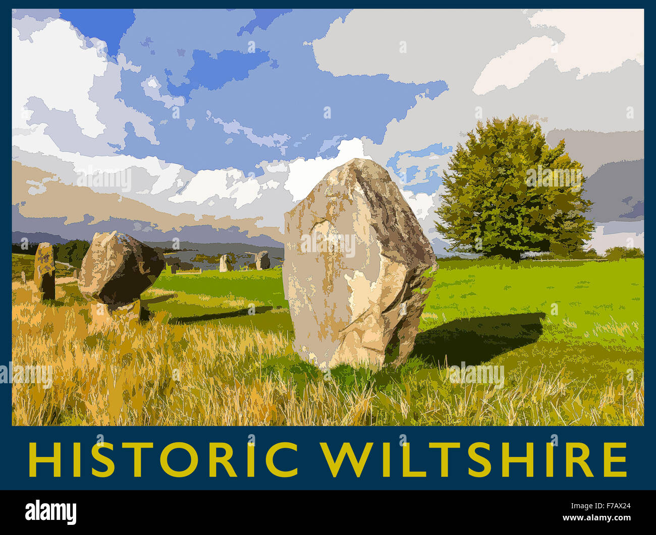 Ein Plakat Stil Illustration aus einem Foto von Avebury neolithischen Stone Circle, Avebury, Wiltshire, England, UK Stockfoto