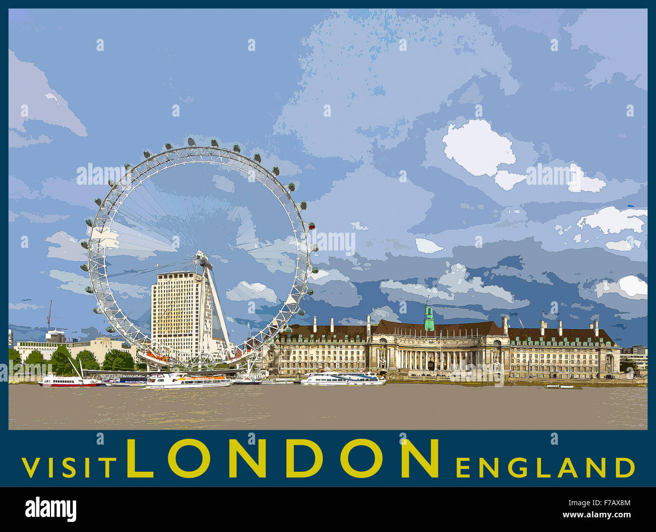 Ein Plakat Stil Illustration aus einem Foto von der South Bank und dem London Eye aus der Themse, London, England, UK Stockfoto