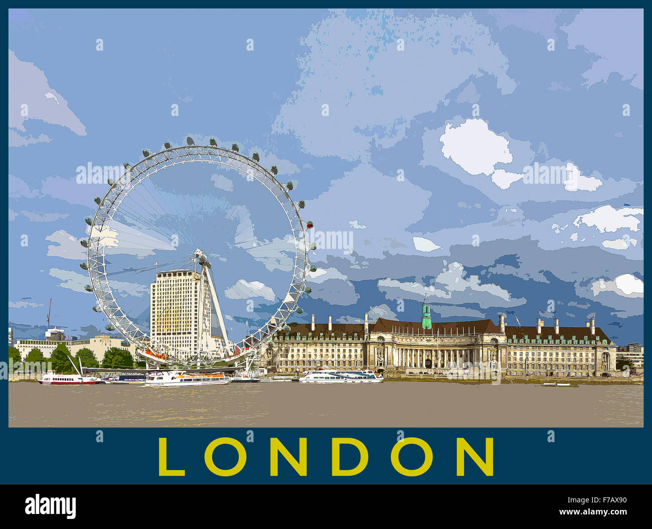 Ein Plakat Stil Illustration aus einem Foto von der South Bank und dem London Eye aus der Themse, London, England, UK Stockfoto