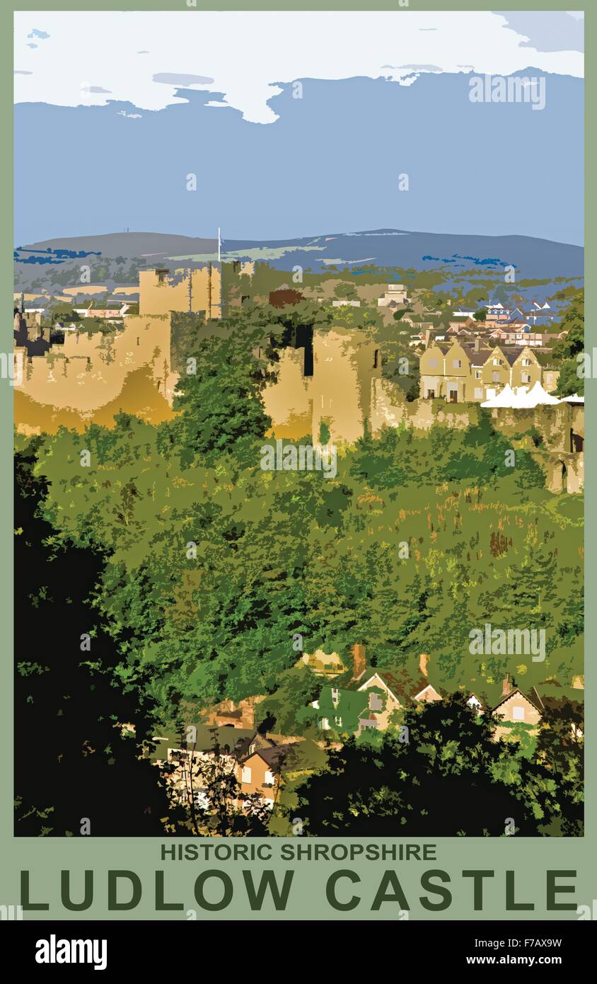Eine Plakat-Stil Illustration aus einem Foto von Ludlow Castle im Herbst von Whitecliff, Shropshire, England Stockfoto