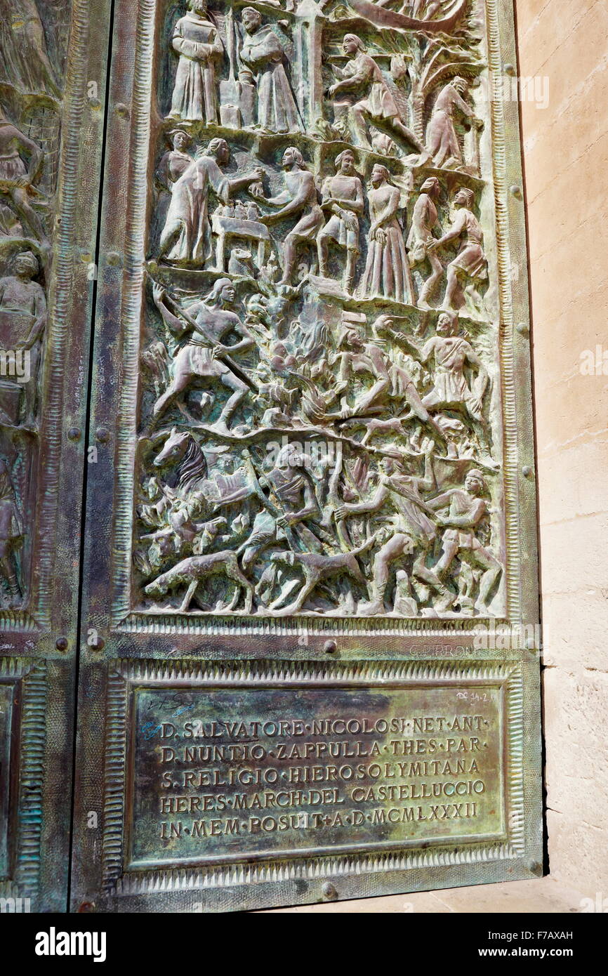 Detail der Tür der Kathedrale von San Nicolo, UNESCO Noto, Sizilien, Italien Stockfoto