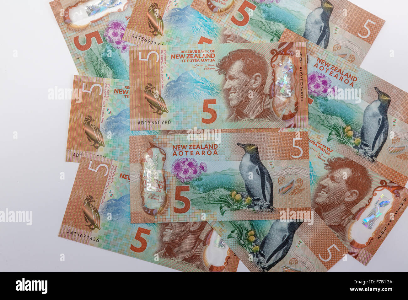 New aktualisiert Polymer fünf Kiwi-Dollar $5 Kiwi, Neuseeland Banknoten NZD Stockfoto