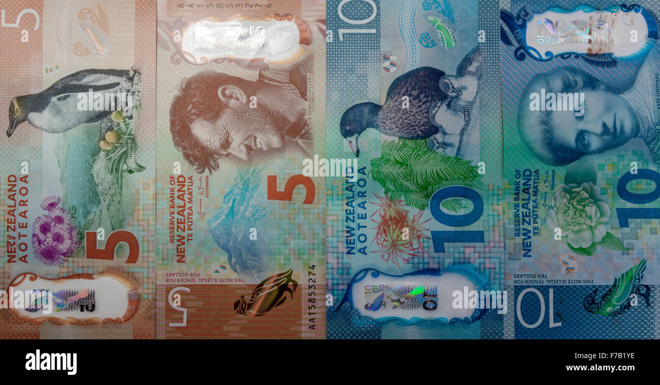New aktualisiert fünf und zehn Kiwi-Dollar Neuseeland Plastikpolymer Banknoten, NZD $5 und $10, beidseitig. Stockfoto
