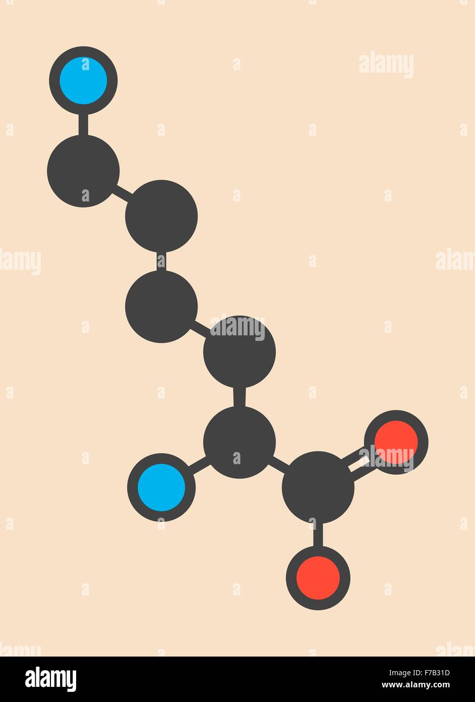Aminosäure Lysin (l-Lysin, Lys, K)-Molekül. Stilisierte Skelettformel (chemische Struktur). Atome sind dargestellt als farbcodierte Stockfoto