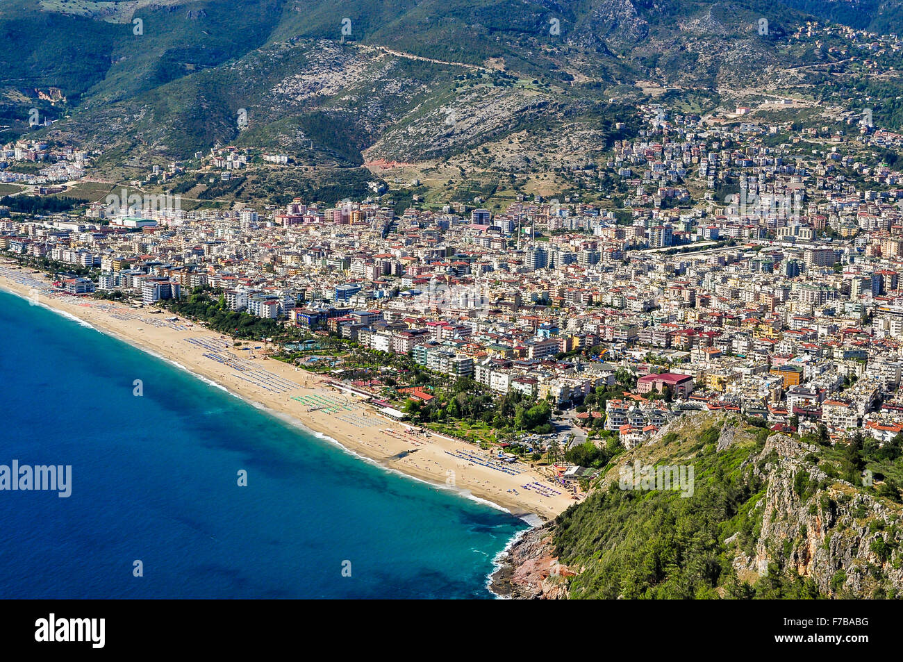 Panorama Blick auf Alanya und Kleopatra Strand aus der Burg von Alanya, Türkei Stockfoto