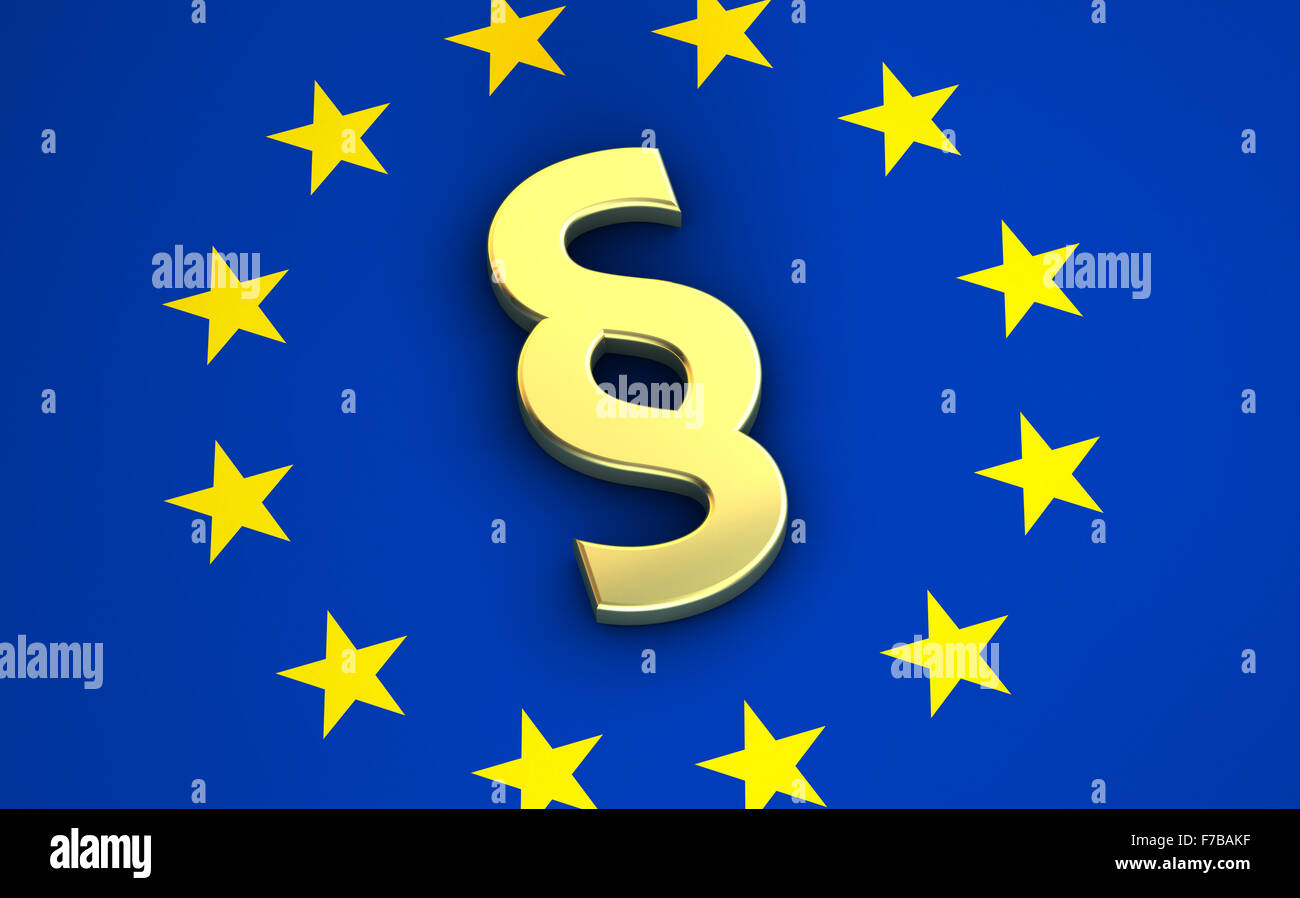 Recht der Europäischen Gemeinschaft, Regeln und Rechtssystem Konzept EU-Flagge mit goldenen Absatzsymbol. Stockfoto