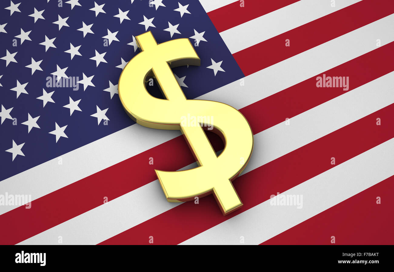 Vereinigte Staaten von Amerika Wirtschaft Konzept mit US-Flagge und goldenen Geld Dollar Währungssymbol. Stockfoto