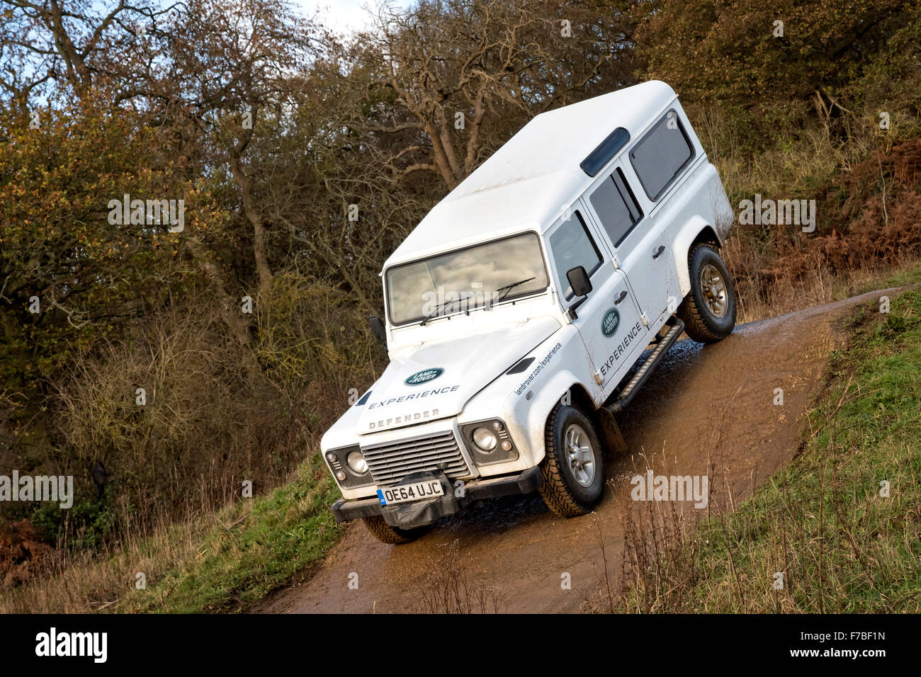 Land Rover Defender 110 off Road auf der Land Rover Experience fahren grob Luton Hoo Bedfordshire UK Stockfoto