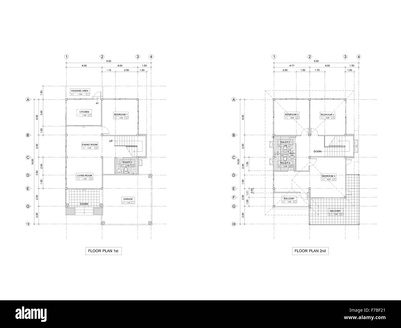 Planen Sie Zeichnung HouseHouse Pläne, im Erdgeschoss und im Obergeschoss. Stockfoto