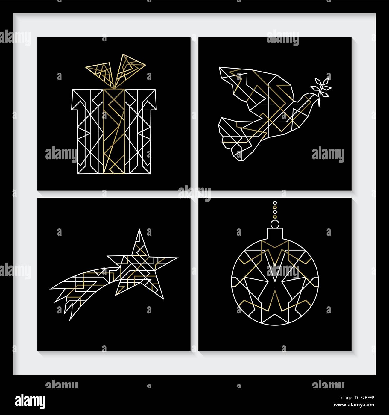 Frohe Weihnachten-Design: schwarzer Rahmen mit Xmas Elemente, Taube, Ornamente, Sterne und Geschenk in gold Umriss-Deco-Stil. EPS10 Vektor. Stock Vektor