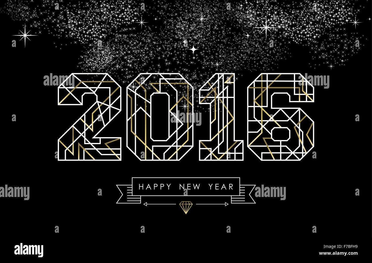 Glückliches Neujahr Grußkarte Design im Art-deco-Stil, Gold und weiß 2016 Zeichen mit Hipster-Label zu skizzieren. Ideal für poster Stock Vektor
