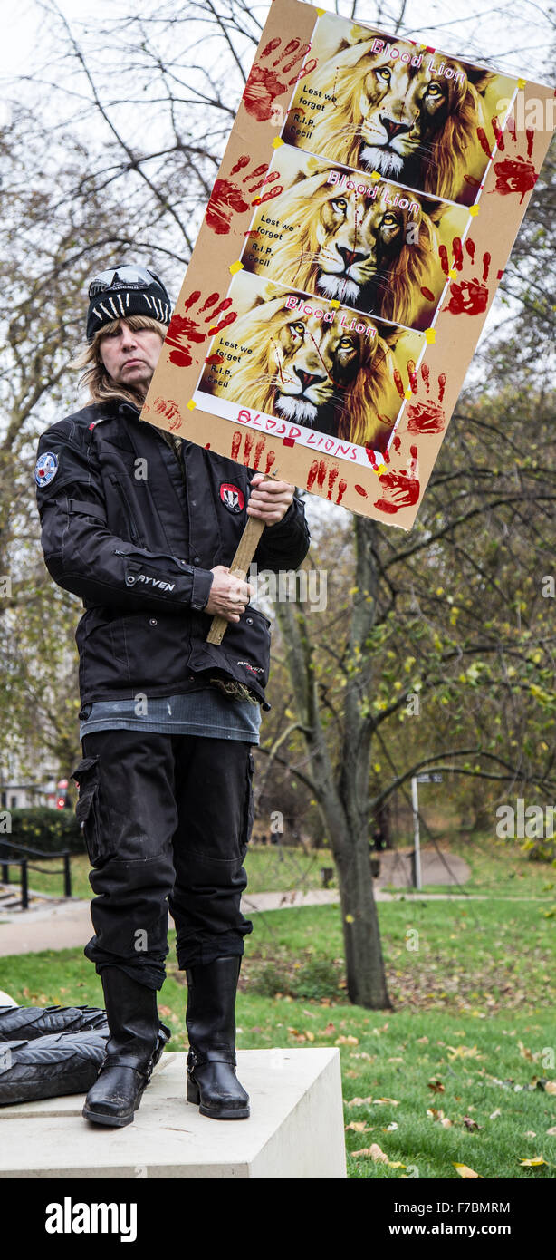 London, UK. 28. November 2015. Unbekannte Frau hält ein Plakat mit Löwen im März für Löwen-Bomber Command Gedenkstätte. Stockfoto