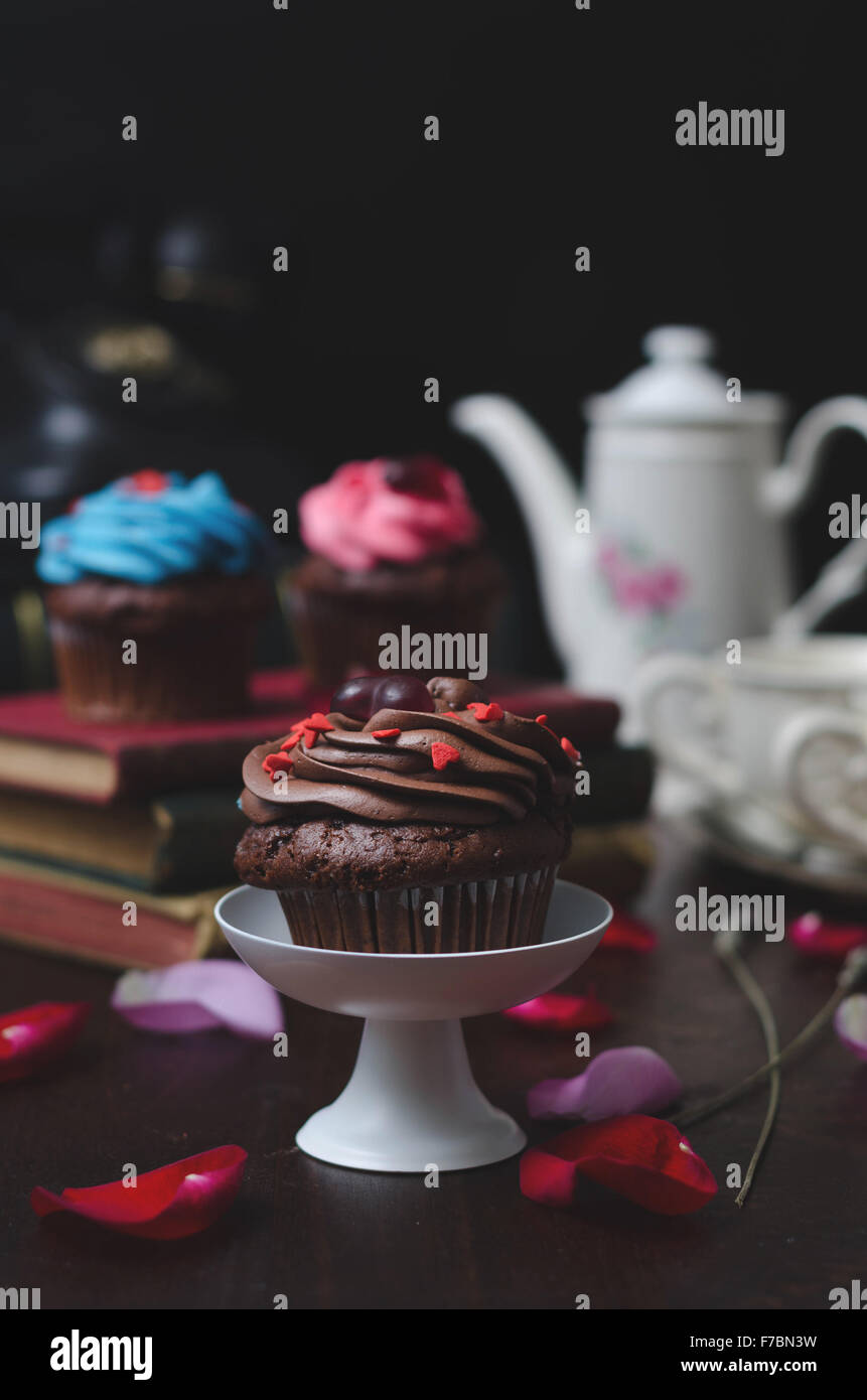 Hausgemachte Schokolade Cupcake mit Schokolade Zuckerguss vor einem dunklen Hintergrund Stockfoto