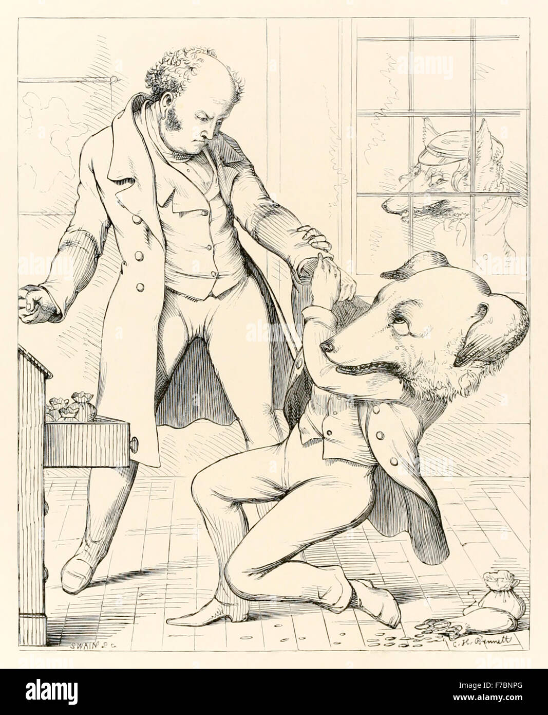 "Die tückischen Cur" von "The Fabeln von Aesop und andere übersetzt in menschliche Natur" illustriert von Charles H. Bennett (1828 – 1867), fleht ein Hund um Gnade für eine Indiskretion hinweisen Wölfe Verhalten sich schlecht aller Zeiten aber der Meister ihn für seine Untreue ertrinkt. Moral: Im Land der Verräter ist der bloße Dieb als König wegen seiner überlegenen Ehrlichkeit gewählt. Siehe Beschreibung für mehr Informationen. Stockfoto