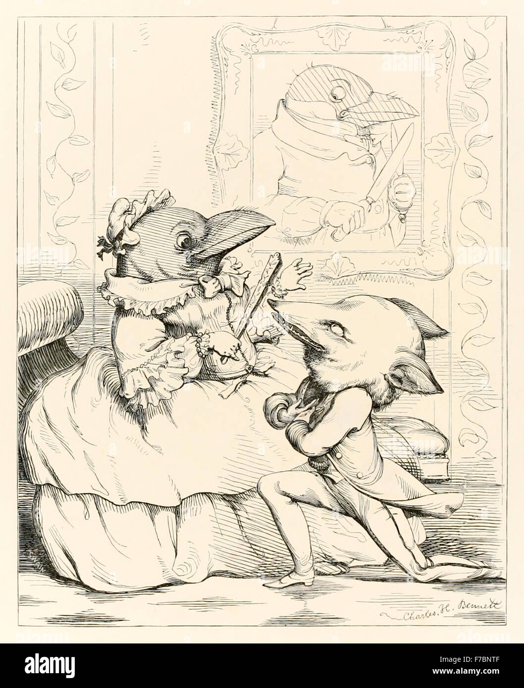 "Der Fuchs und der Rabe" von "Die Fabeln von Aesop und andere übersetzt in Human Nature", illustriert von Charles H. Bennett (1828 – 1867), Fuchs, wollen es für sich selbst, schmeichelt die Krähe, nannte es schön und Frage mich, ob seine Stimme so süß ist zu entsprechen. Wenn es aus einem Caw lässt, der Käse fällt und ist von der Fuchs verschlungen. Moral: Hören Sie nicht auf Schmeichelei. Siehe Beschreibung für mehr Informationen. Stockfoto