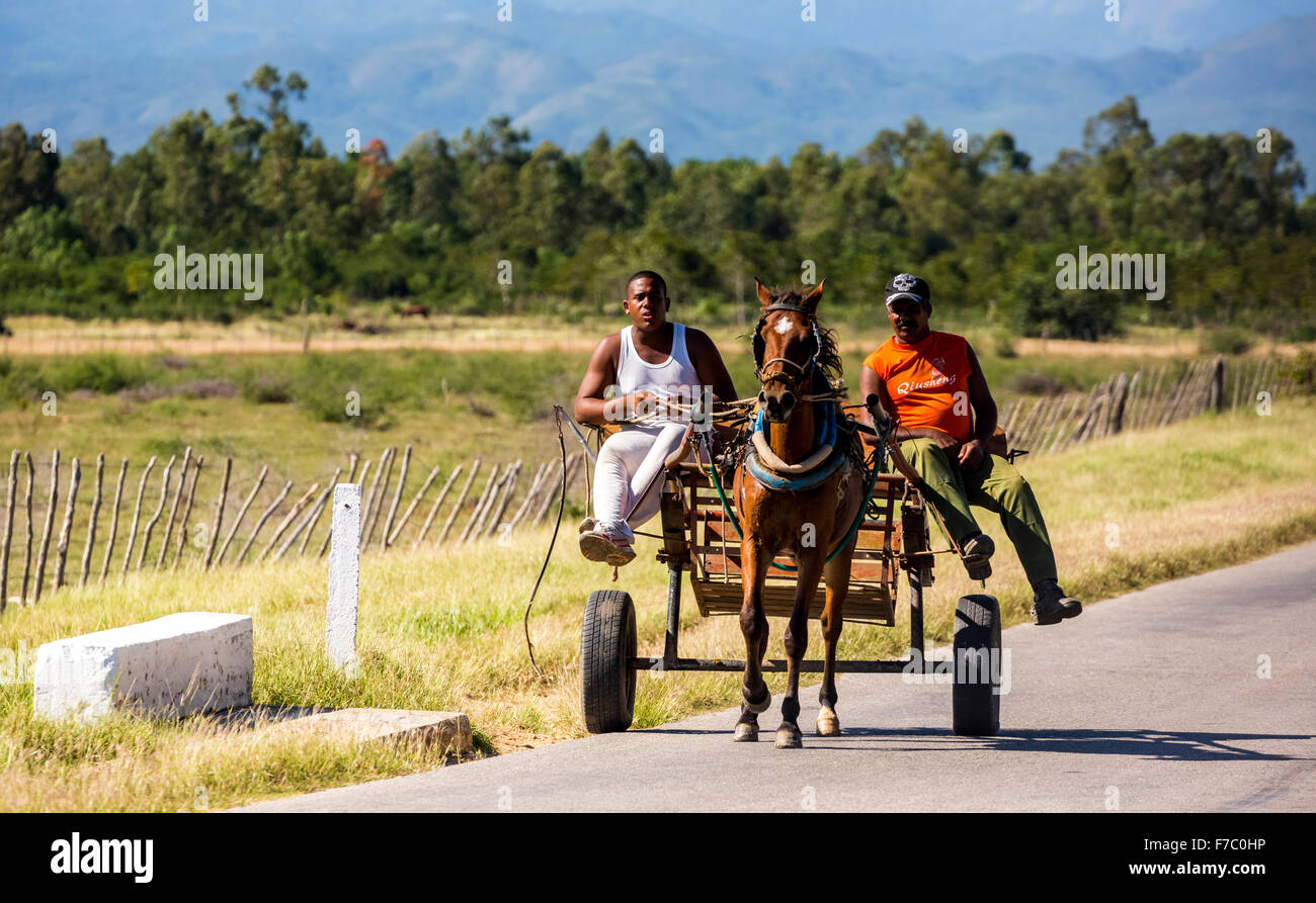 zwei Cowboys mit Pferd und Buggy auf der Autobahn, Palmarejo, Kuba, Sancti Spíritus, Kuba, Nord-Amerika Stockfoto