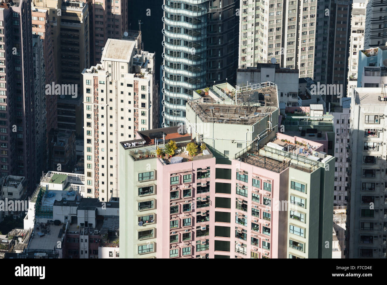 Hong Kong, 20. Februar 2014 Hong Kong Ansicht des Viertels Mid-Level auf Hong Kong Island. Die Dächern der Wolkenkratzer sind Stockfoto