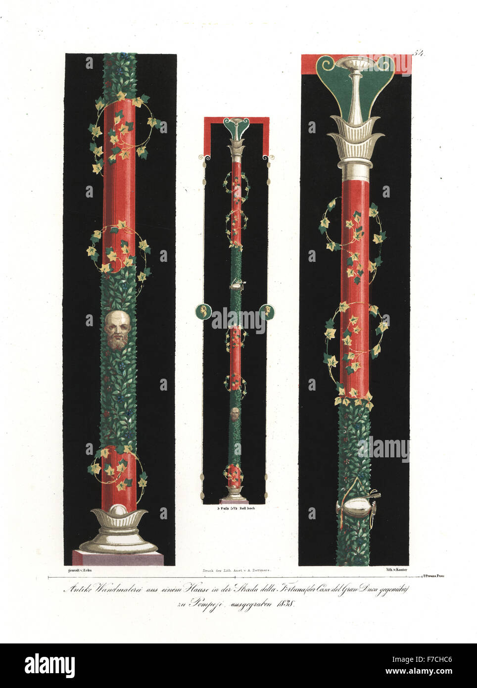 Trompe l ' oeil Wandgemälde von Spalten mit Efeu und Masken aus dem Hause des Großherzogs, Strada della Fortuna, Pompeji ausgegraben 1838. Handkoloriert Lithographie durch Konter nach einer Illustration von Wilhelm Zahn aus seinem Ornament von allen klassischen Kunstepochen, Ornamente Aller Tatsache Kunst-Epochen, Reimer, Berlin, 1842. Stockfoto