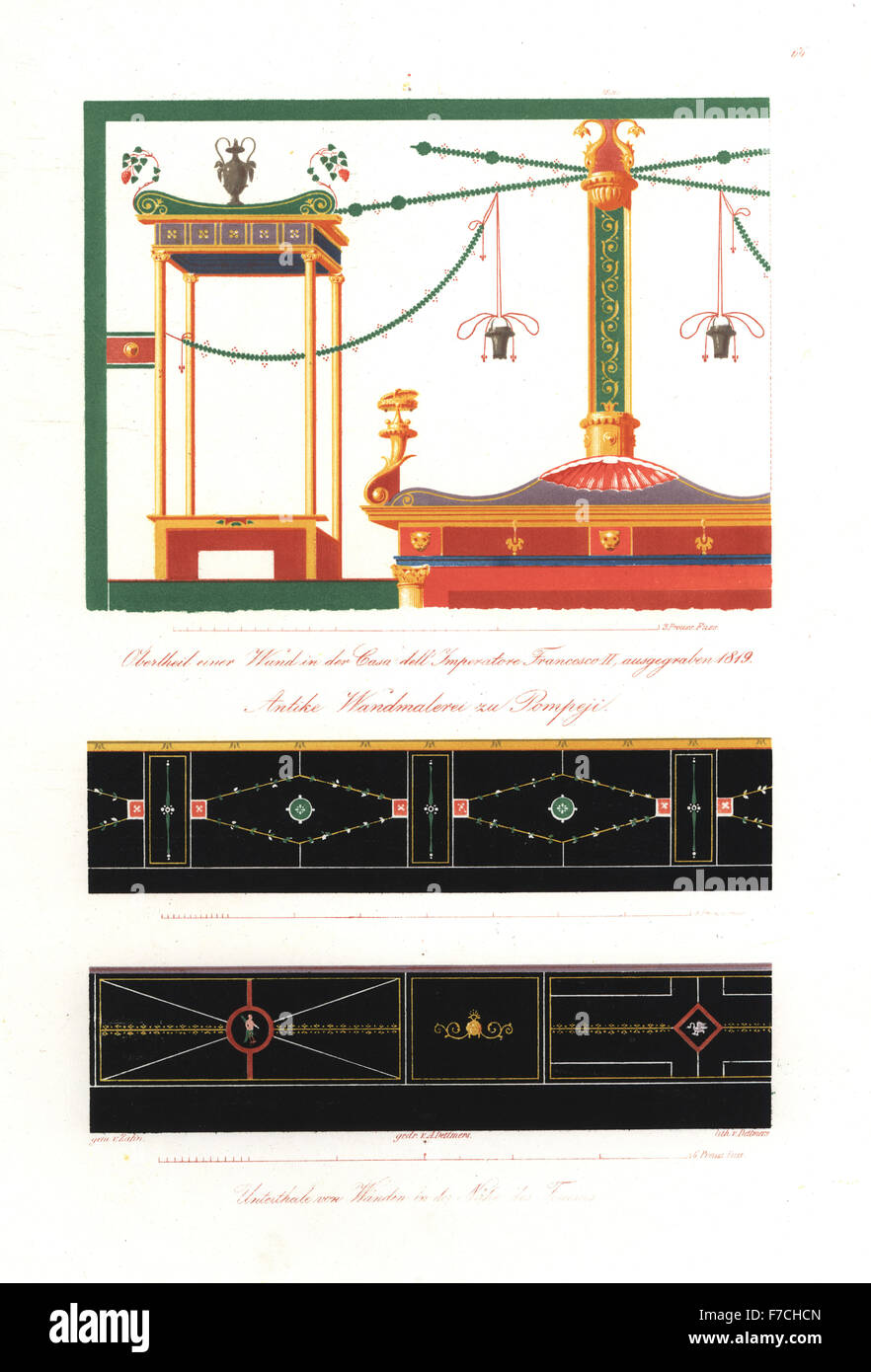 Antike Trompe l ' oeil Wandgemälde aus der Casa Delle Grazie, ausgegrabenen 1819 und Fußleisten aus dem Forum, Pompeji. Handkoloriert Lithografie von Dettmers nach einer Illustration von Wilhelm Zahn aus seinem Ornament von allen klassischen Kunstepochen, Ornamente Aller Tatsache Kunst-Epochen, Reimer, Berlin, 1834. Stockfoto