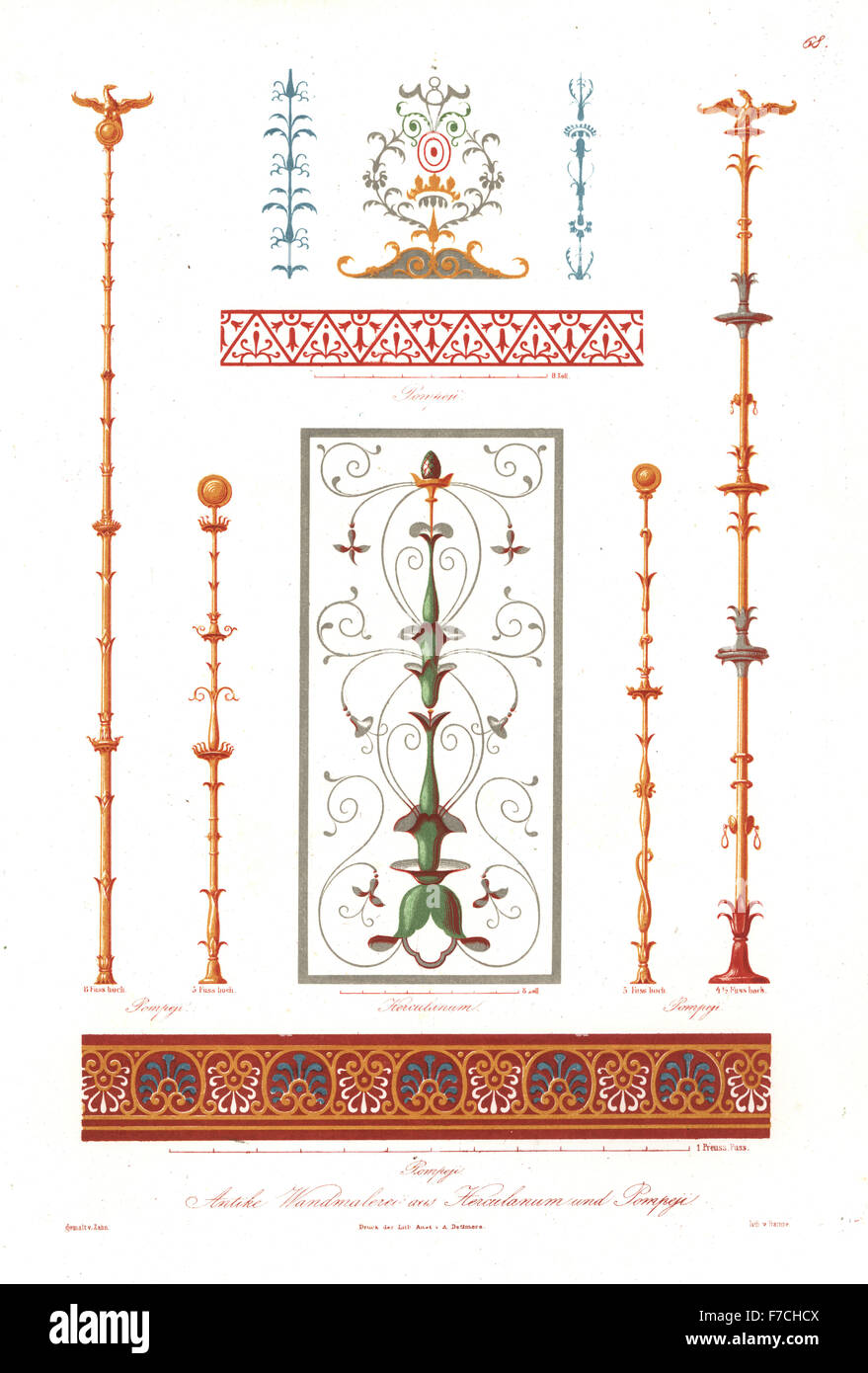 Antiken Wandmalereien aus Pompeji und Herculaneum. Handkoloriert Lithografie von Trampe nach einer Illustration von Wilhelm Zahn aus seinem Ornament von allen klassischen Kunstepochen, Ornamente Aller Tatsache Kunst-Epochen, Reimer, Berlin, 1834. Stockfoto