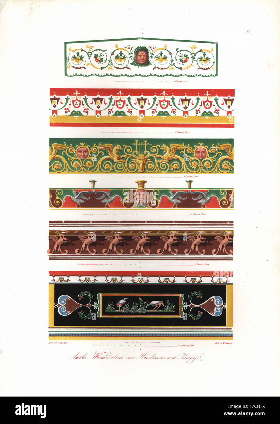 Antiken Wandmalereien aus Herculaneum und Pompeji. Handkoloriert Lithografie von Trampe nach einer Illustration von Wilhelm Zahn aus seinem Ornament von allen klassischen Kunstepochen, Ornamente Aller Tatsache Kunst-Epochen, Reimer, Berlin, 1834. Stockfoto