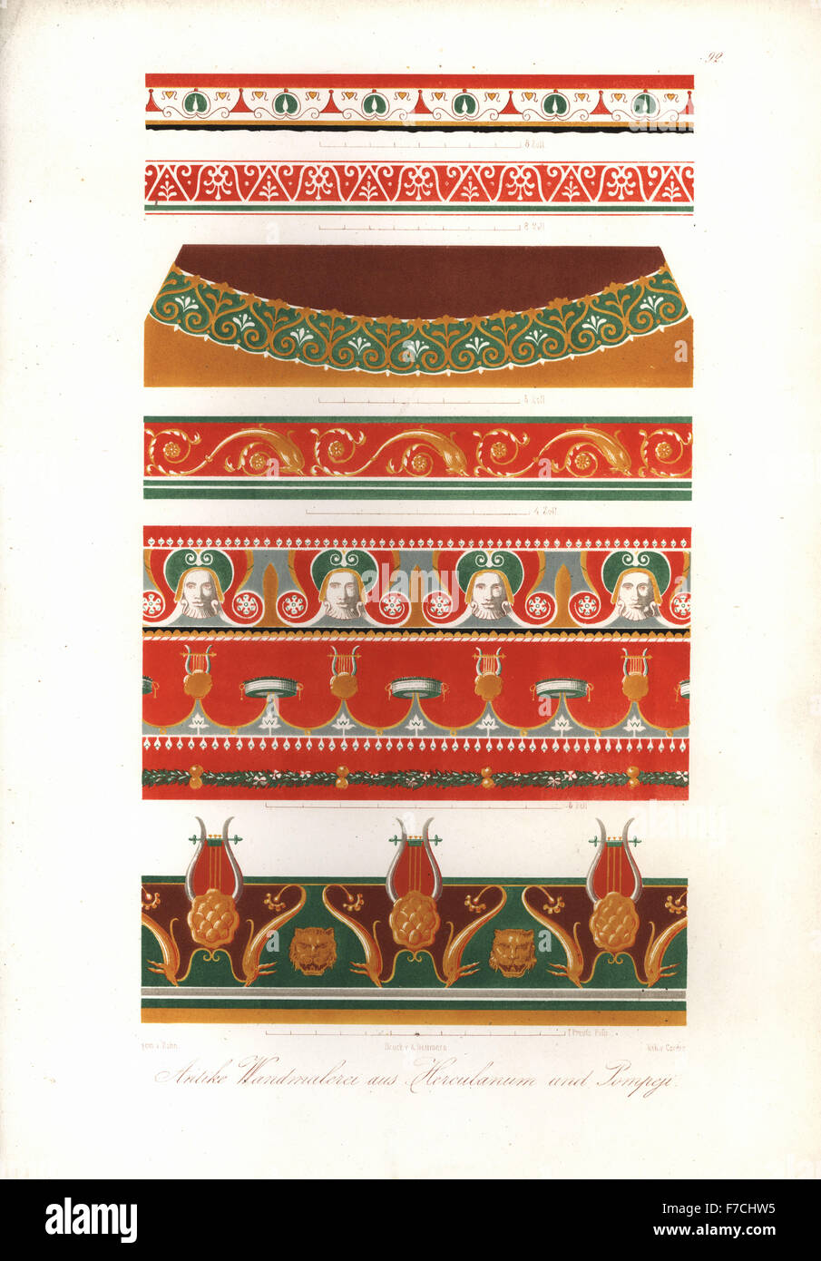 Antiken Wandmalereien von Masken, leiern, Tambourin und Laub von Herculaneum und Pompeji. Handkoloriert Lithografie von Trampe nach einer Illustration von Wilhelm Zahn aus seinem Ornament von allen klassischen Kunstepochen, Ornamente Aller Tatsache Kunst-Epochen, Reimer, Berlin, 1834. Stockfoto