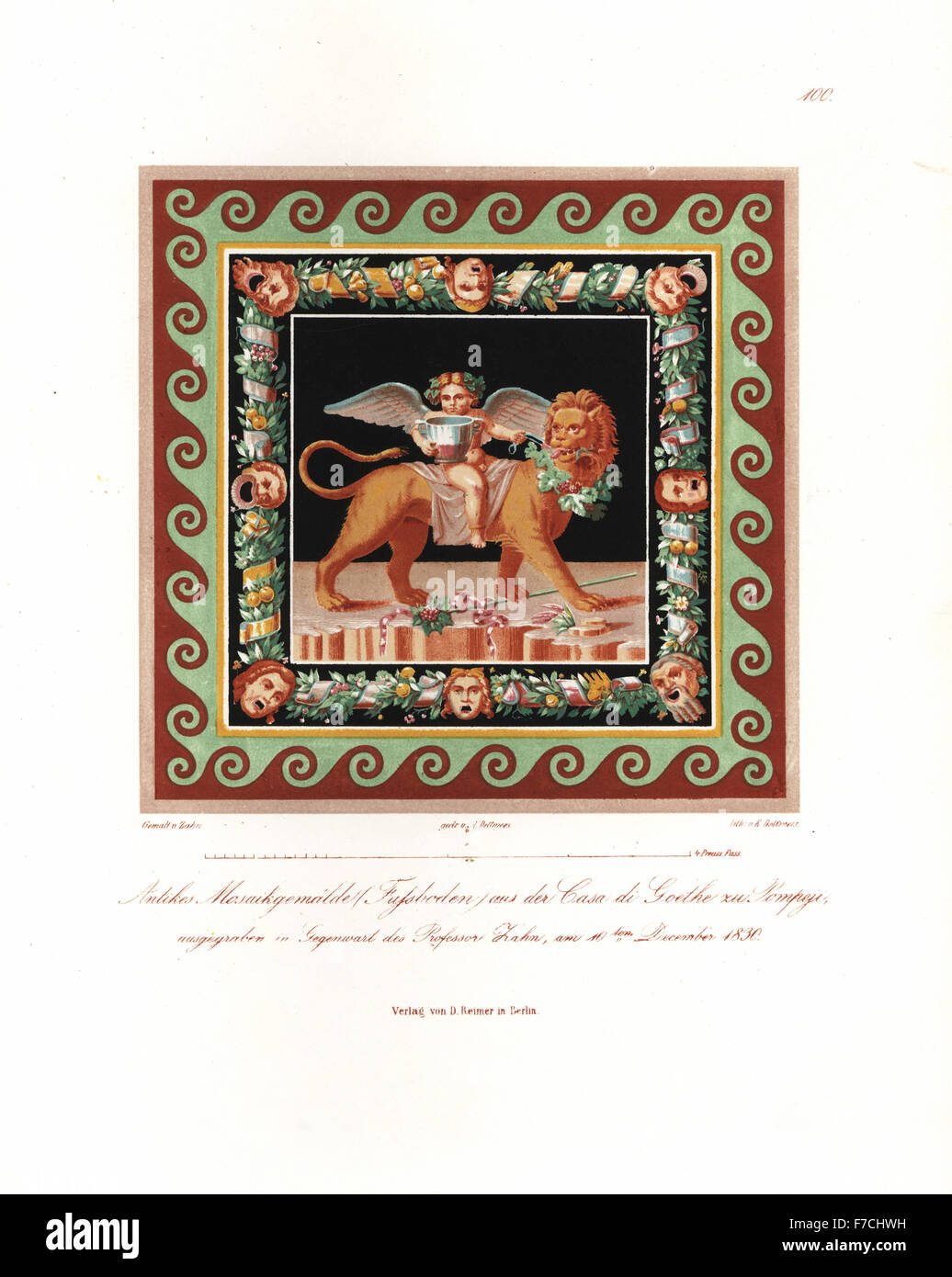 Antike Mosaik Boden Bild von Amor hält einen Becher reitet auf einem Löwen aus dem Hause Faun, Casa del Fauno in Pompeji, Goethe Haus ausgegraben 10. Dezember 1830. Handkoloriert Lithografie von Dettmers nach einer Illustration von Wilhelm Zahn aus seinem Ornament von allen klassischen Kunstepochen, Ornamente Aller Tatsache Kunst-Epochen, Reimer, Berlin, 1834. Stockfoto