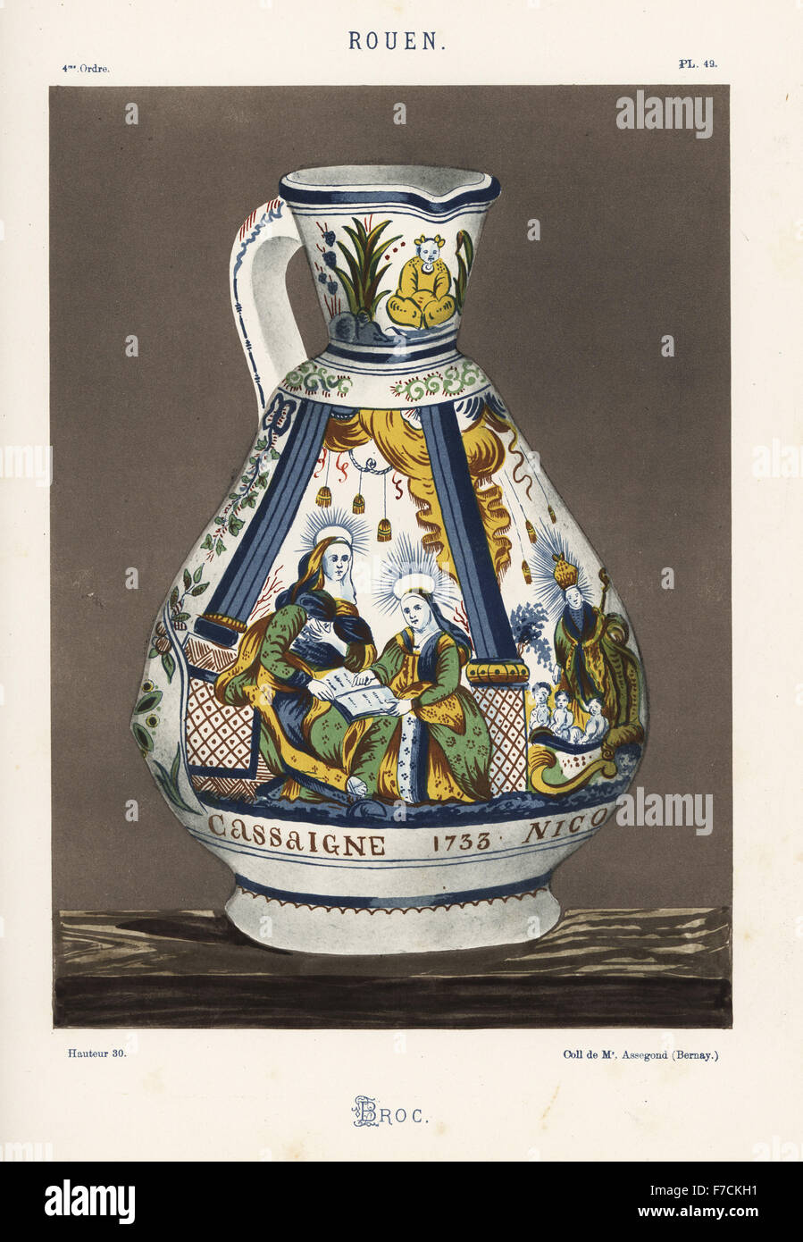 Krug oder Ewer aus Rouen, Frankreich, Anfang des 18. Jahrhunderts. Dekoriert mit Heiligenfiguren in Emaille und den Namen Anne-Marie Cassaigne et Nicolas Hautecoeur, 1733. Handgefertigte Farblitho von Ris Paquots allgemeine Geschichte der alten französischen und ausländischen glasierte Keramik, Chez l'Auteur, Paris, 1874. Stockfoto