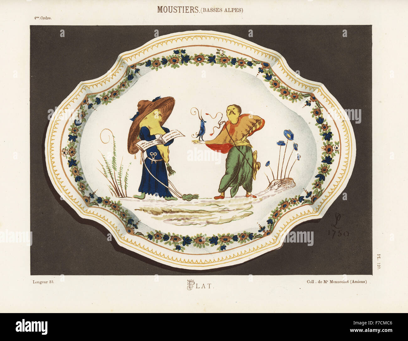 Platte aus Moustiers, Frankreich, 18. Jahrhundert. Chinesischen fantasy Figuren mit exotischen Vogel und Hüte auf Stöcken. Handgefertigte Farblitho von Ris Paquots allgemeine Geschichte der alten französischen und ausländischen glasierte Keramik, Chez l'Auteur, Paris, 1874. Stockfoto