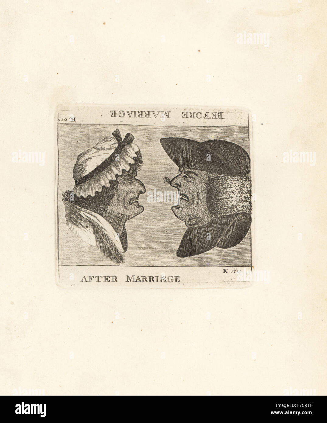 Vor und nach der Heirat. Der Druck wurde später auf Schnupftabakdose Deckeln in Deutschland kopiert. Kupferstich von John Kay von A Series of Original Portraits und Karikatur Radierungen, Hugh Paton, Edinburgh, 1842. Stockfoto