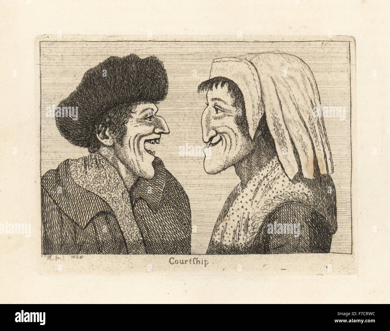 Karikatur des Werbens zwischen zwei Liebenden. Die Frau, basierend auf einer alten Frau, die an der Spitze der Canongate gelebt. Kupferstich von John Kay von A Series of Original Portraits und Karikatur Radierungen, Hugh Paton, Edinburgh, 1842. Stockfoto