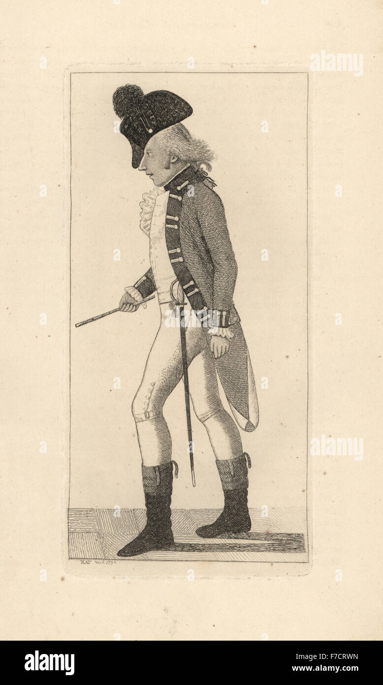 Kapitän Hind der 55. Regiment of Foot, berüchtigten Stalker eine berühmte Schönheit. Kupferstich von John Kay von A Series of Original Portraits und Karikatur Radierungen, Hugh Paton, Edinburgh, 1842. Stockfoto