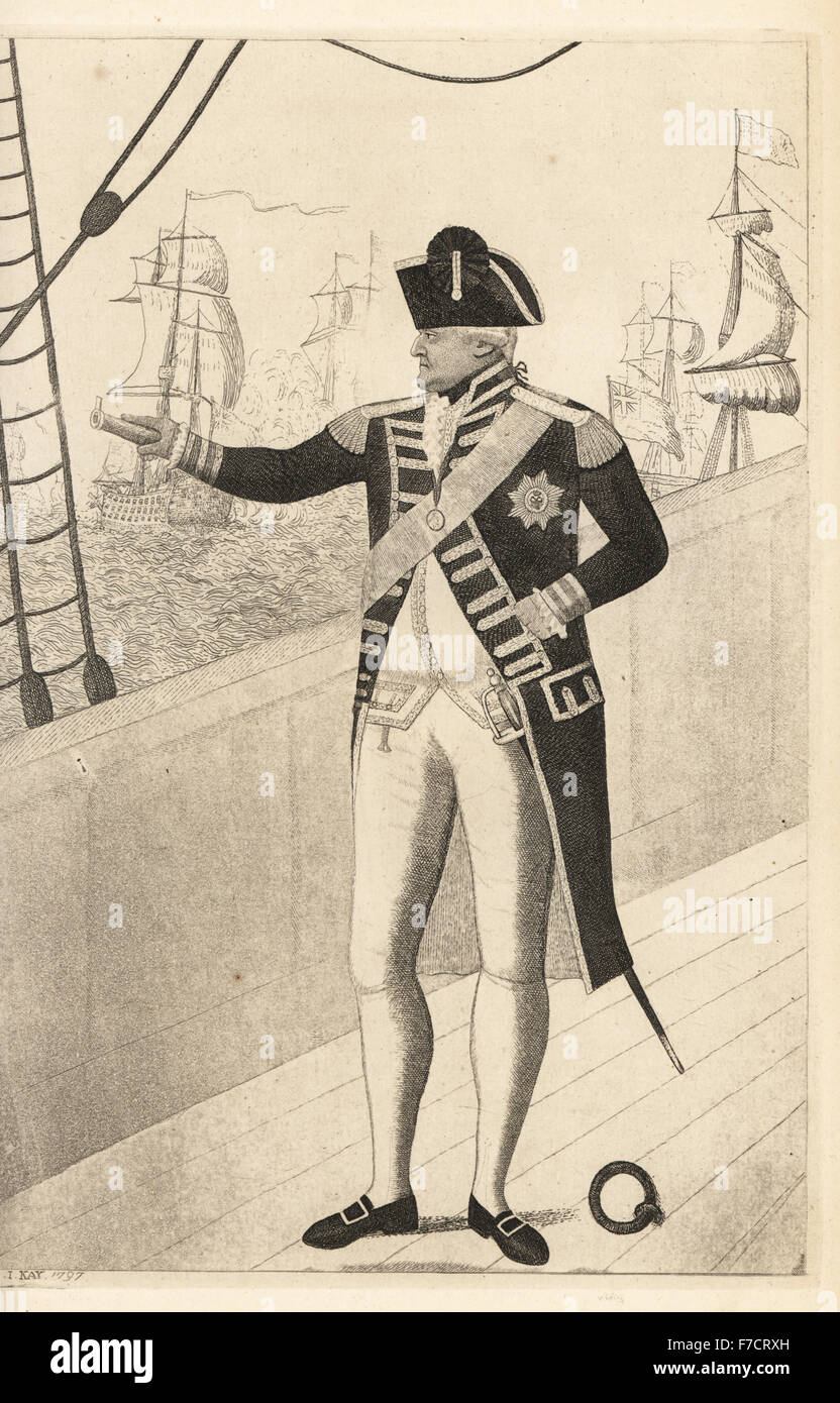 Admiral Adam Duncan auf dem Achterdeck die ehrwürdige während der Schlacht von Camperdown gegen die niederländische Flotte. Kupferstich von John Kay von A Series of Original Portraits und Karikatur Radierungen, Hugh Paton, Edinburgh, 1842. Stockfoto