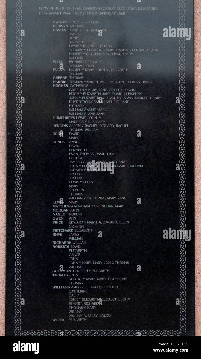Liste der ursprünglichen walisische Siedler auf th Mimosa, segelte nach und landete in Puerto Madryn, Provinz Chubut, Argentinien, Stockfoto