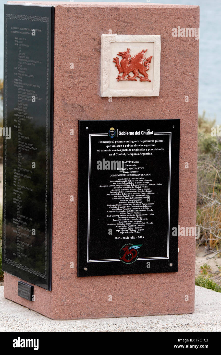 Denkmal für die Waliser Ankunft in Puerto Madryn und der Besiedlung der Region Chubut durch die Waliser zu markieren. Gales. 1865-1915. Stockfoto