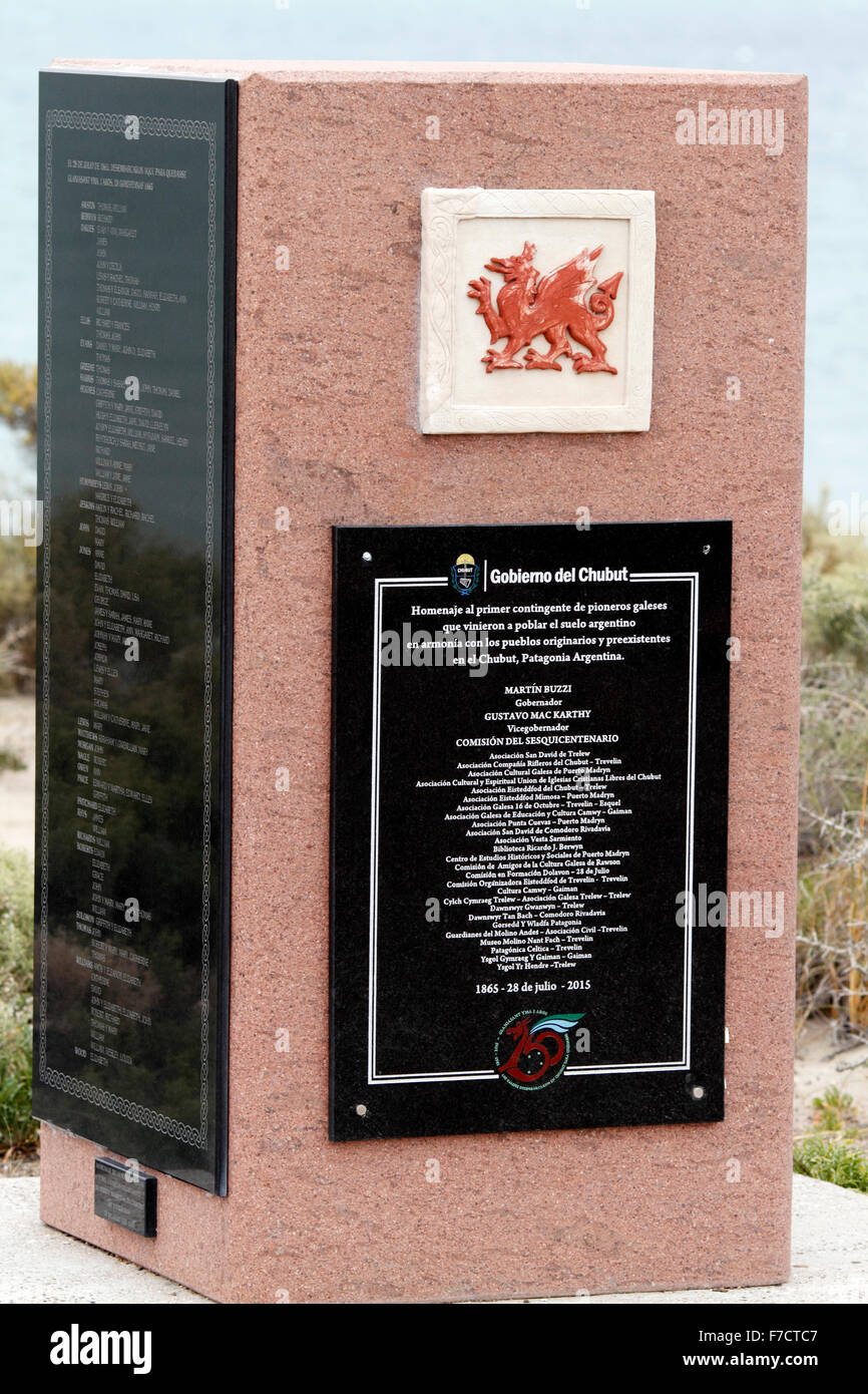 Denkmal für die Waliser Ankunft in Puerto Madryn und der Besiedlung der Region Chubut durch die Waliser zu markieren. Gales. 1865-1915. Stockfoto
