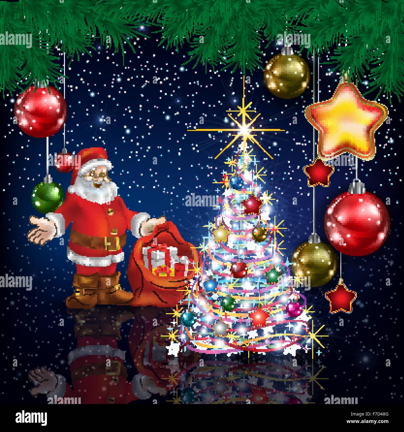 Feier blau Gruß mit Weihnachtsmann und Weihnachtsbaum Stock Vektor