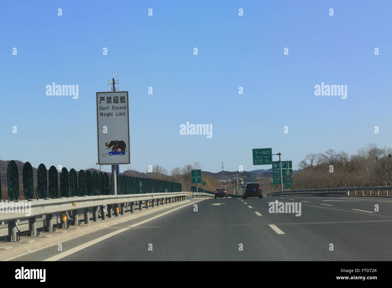 Lustigen chinesischen Straßenschild: Don't überschreiten Gewichtsgrenze.  Autobahn G45 Daguang Schnellstraße Richtung Norden in Richtung große Mauer. Stockfoto