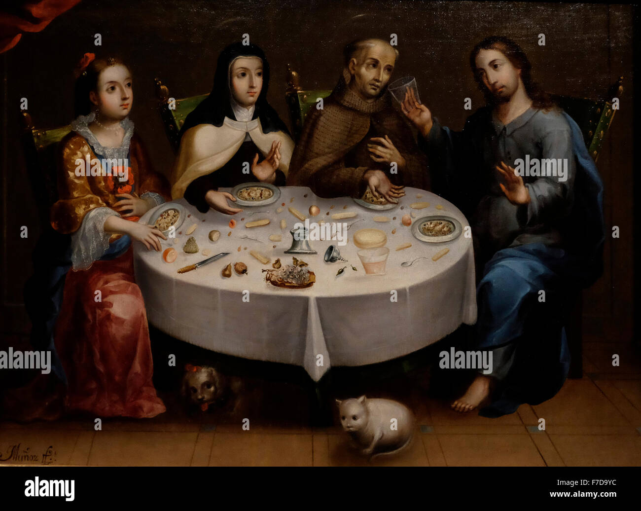 Dona Guiomar (wohlhabende Witwe von Avila, Spanien 16. Jh.), St. Peter von Alcantara, Hl. Teresa von Avila, und Jesus Christus - Gaspar Munoz de Salazar, 1730 Puebla, Mexiko Stockfoto