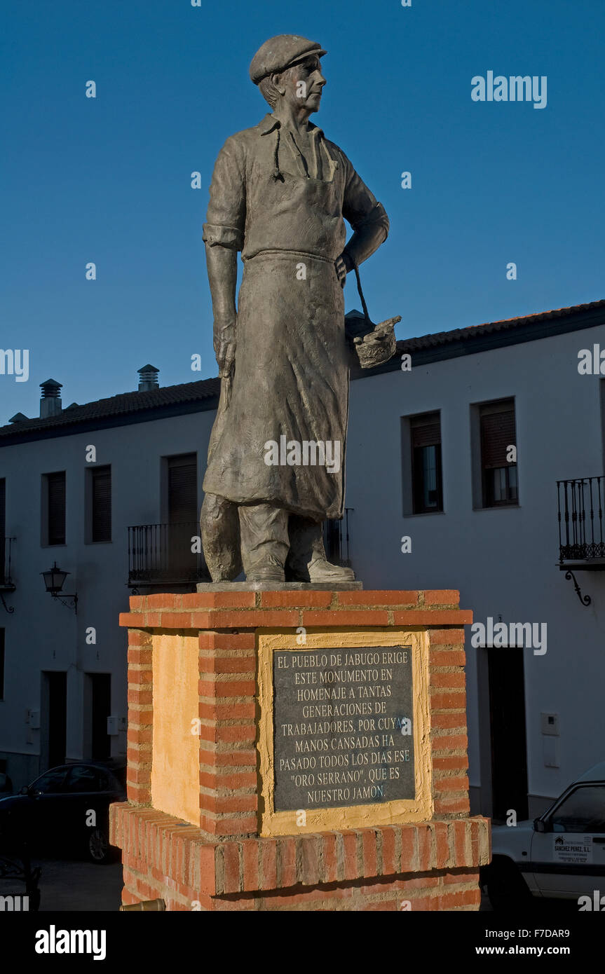 Sierra de Aracena Naturpark, Denkmal für Arbeitnehmer Jamon, Jabugo, Huelva Provinz, Region von Andalusien, Spanien, Europa Stockfoto