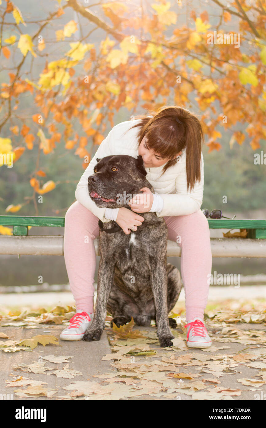 Mädchen und ihre Cane Corso-Hund genießen sonnigen Herbsttag im park Stockfoto