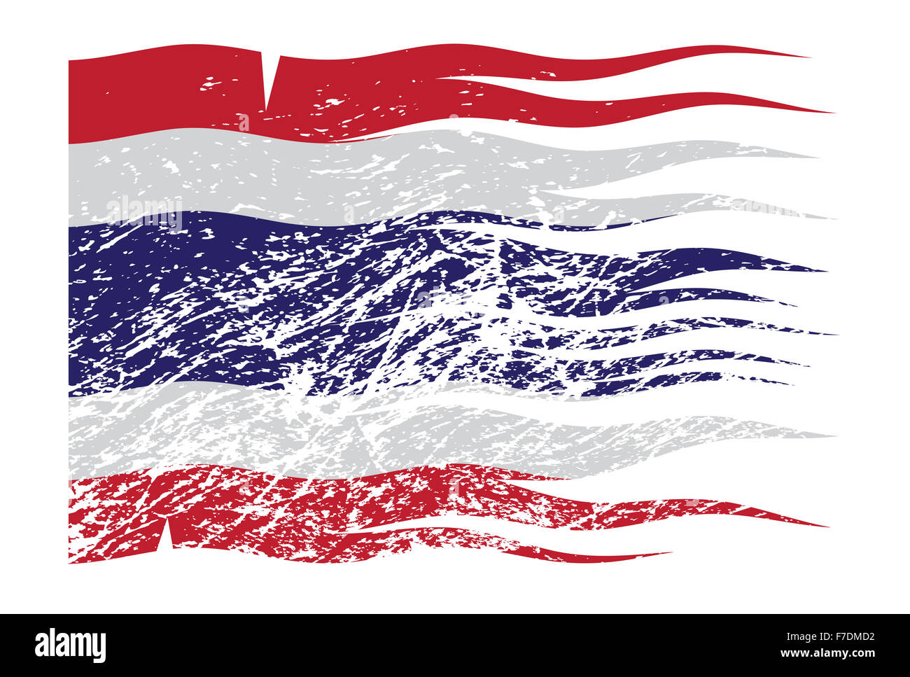 Ein wellenförmiges Thailand Flaggendesign mit einem Grunge isoliert auf weißem Hintergrund Stockfoto