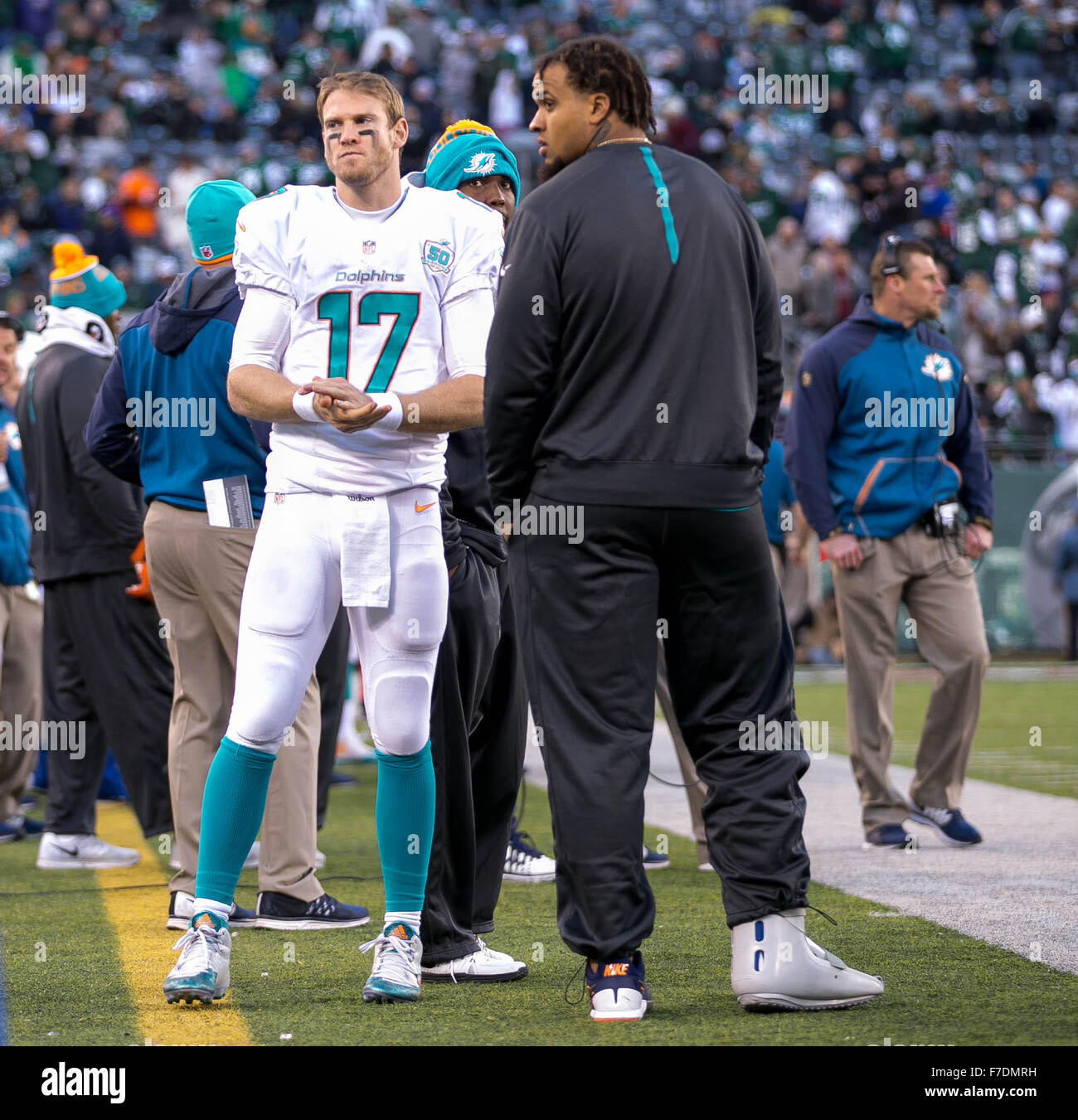 East Rutherford, Florida, USA. 29. November 2015. Miami Dolphins quarterback Ryan Tannehill (17) mit verletzten Center Mike Pouncey an der Seitenlinie MetLife Stadium in East Rutherford, New Jersey am 29. November 2015. Bildnachweis: Allen Eyestone/The Palm Beach Post/ZUMA Draht/Alamy Live-Nachrichten Stockfoto