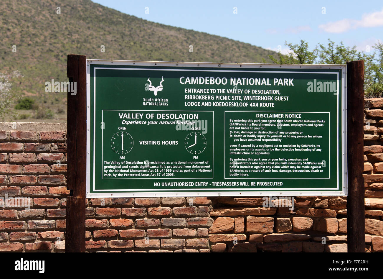 Ortseingangsschild Camdeboo National Park Stockfoto