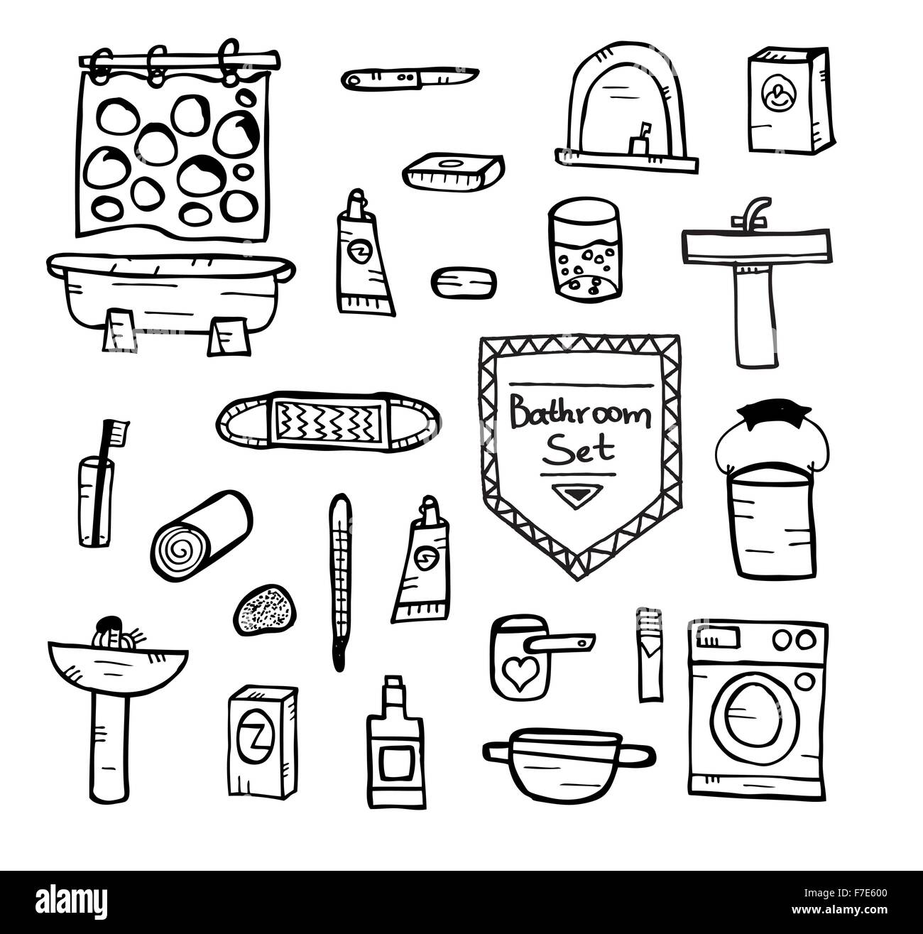 Satz von Badausstattungen. Vektor-Illustration. Konzept mit Objekten, die isoliert auf weißem Hintergrund. Hand gezeichnet doodle Icons Set. Stock Vektor